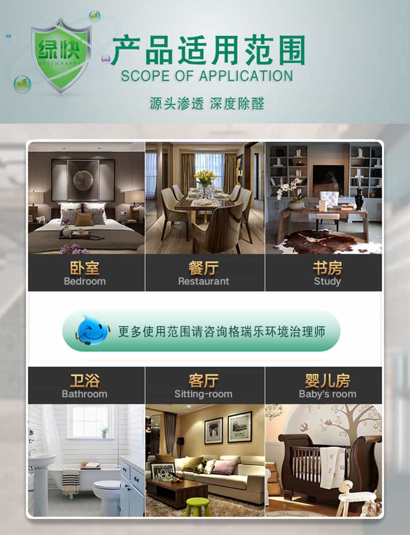 產(chǎn)品適用范圍，SCOPE OF APPLICATION,源頭滲透，深度除醛，臥室，Bedroom,餐廳，Restarant,書房，Study，衛(wèi)浴，Bathroom,客廳，Siting-room,嬰兒房，Baby' room,更多使用范圍請咨詢格瑞樂環(huán)境治理師
