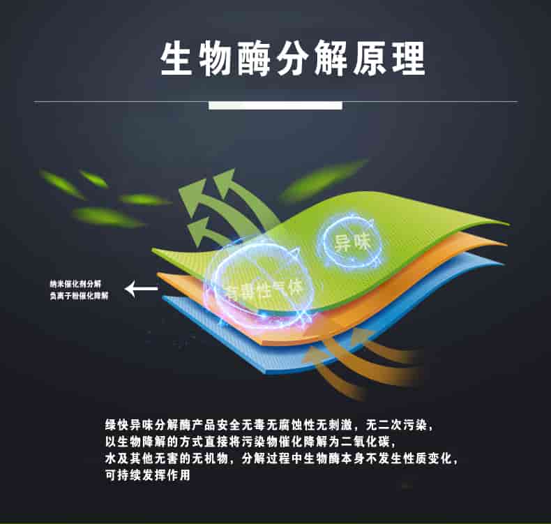 生物酶分解原理，綠快異味分解酶產(chǎn)品安全無毒無腐蝕性無刺激，無二次污染，以生物降解的方式直接將污染物催化降解為二氧化碳，水及其他無害的無機(jī)物，分解過程中生物酶本身不發(fā)生性質(zhì)變化，可持續(xù)發(fā)揮作用