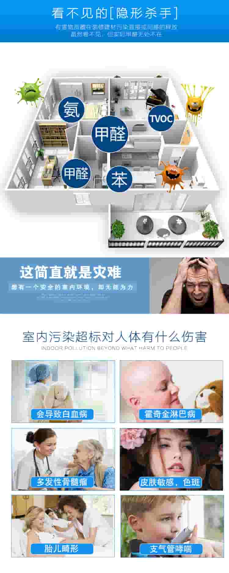 看不見的[隱形殺手]有害物質(zhì)在裝修建材污染直接或間接的釋放，雖然看不見，但實(shí)際甲醛無處不在，氨，甲醛，苯，TVOC，這簡直是災(zāi)難，想有一個(gè)安全的室內(nèi)環(huán)境，卻無能為力，室內(nèi)污染超標(biāo)對(duì)人體有什么傷害，會(huì)導(dǎo)致白血病，霍奇金淋巴病，多發(fā)性骨髓瘤，皮膚敏感，色斑，胎兒畸形，支氣管哮喘