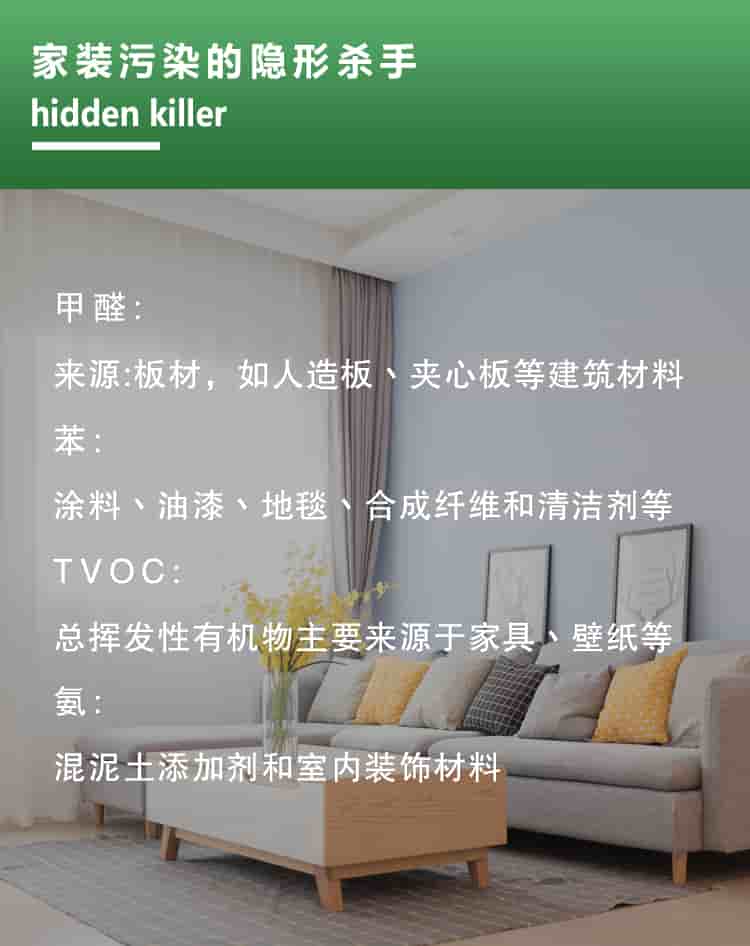 家裝隱形殺手，hidden killer，甲醛來源板材，如人造板材丶夾心板等建筑材料，苯涂料丶油漆丶地毯丶合成纖維和清潔劑等，TVOC總揮發(fā)性有機(jī)物主要來源于家具壁紙等，氨混泥土添加劑和室內(nèi)裝飾材料