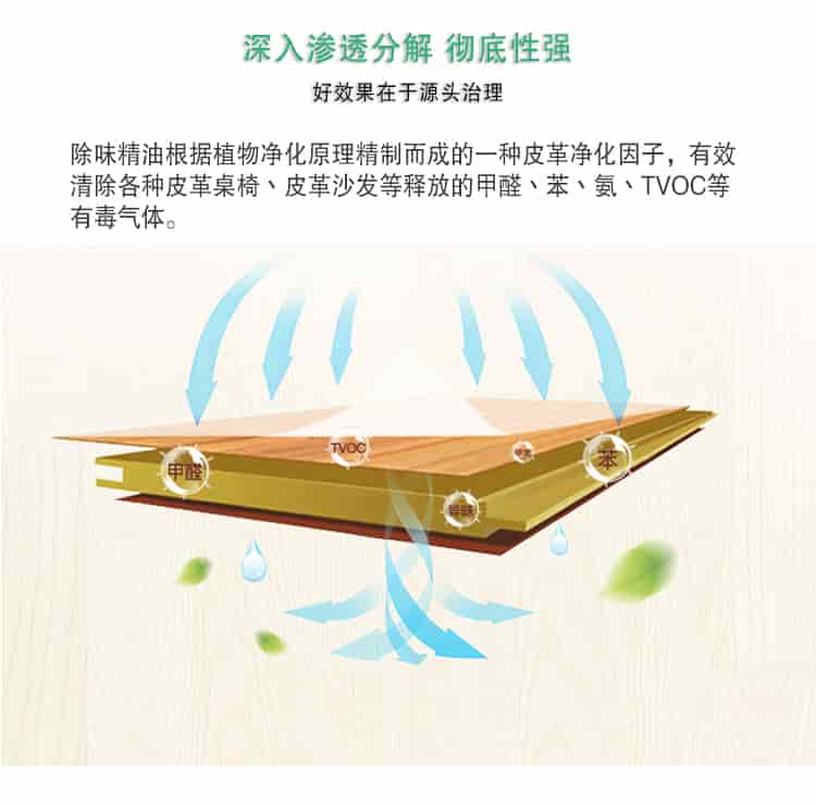 深入滲透分解 徹底性強，好效果在于源頭治理，除味精油根據(jù)植物凈化原理精制而成的一種皮革凈化因子，有效清除各種皮革桌椅丶皮革沙發(fā)等釋放的甲醛丶苯丶氨丶TVOC等 有毒氣體。