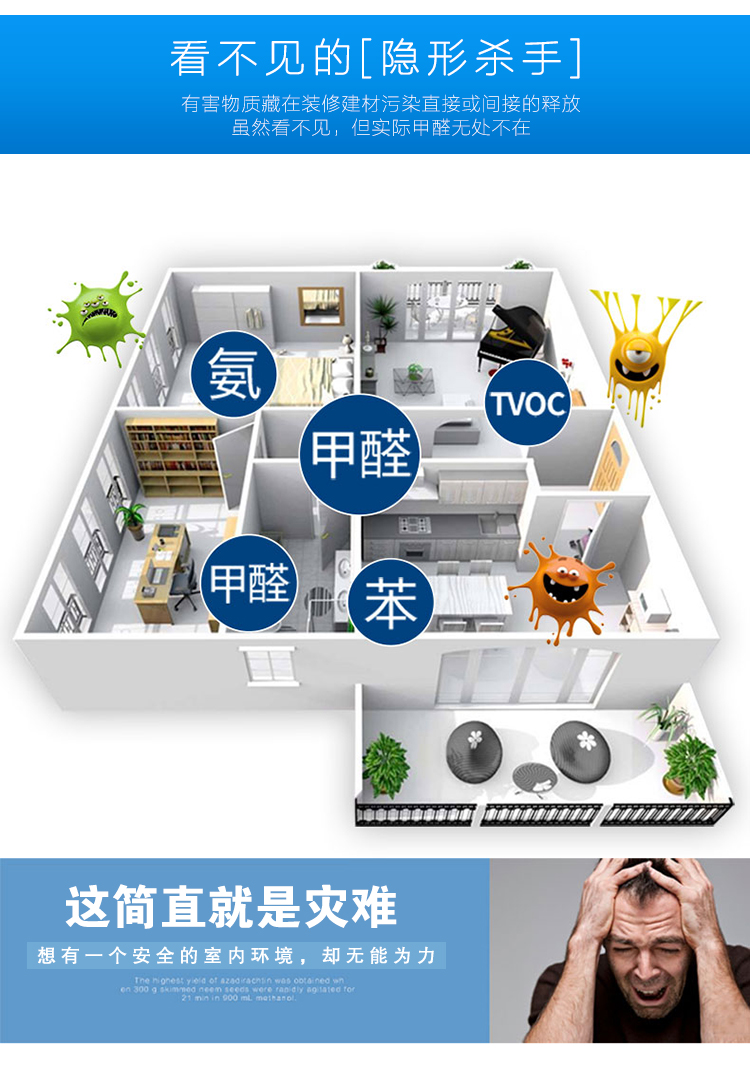 看不見的隱形殺手 和有害物質(zhì)藏在建材污染直接或間接的釋放 雖然看不見 但實(shí)際甲醛無處不在 這簡(jiǎn)直就是災(zāi)難，想有一個(gè)安全的室內(nèi)環(huán)境，卻無能為力