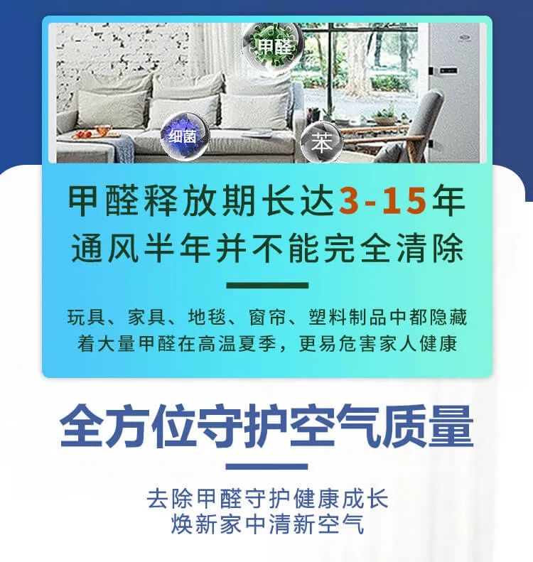 甲醛釋放期長達3-15年,通風半年并不能完全清除,玩具、家具、地毯、窗簾、塑料制品中都隱藏著大量甲醛在高溫夏季，更易危害家人健康