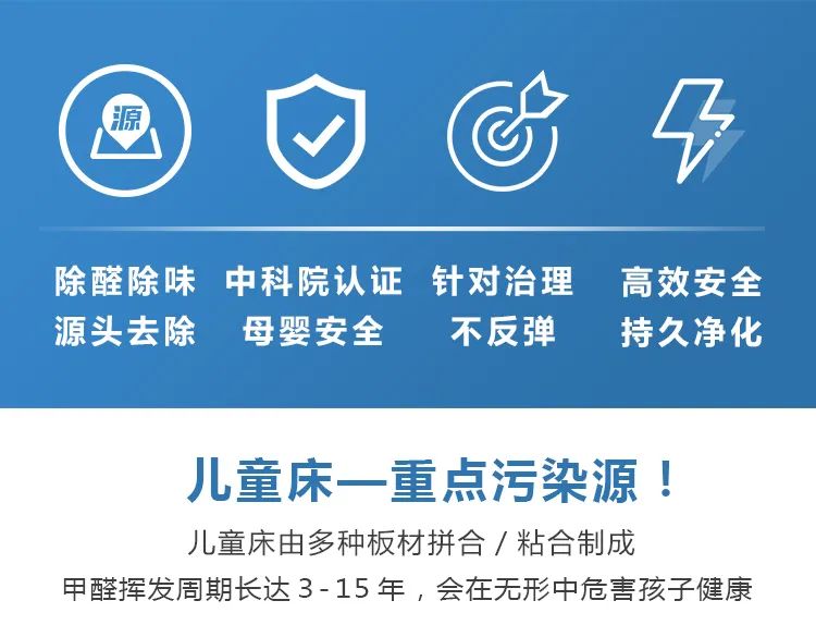 除醛除味,源頭去除,中科院認(rèn)證,母嬰安全,針對治理不反彈,高效安全,持久凈化,兒童床一重點污染源,兒童床由多種板材拼合/粘合制成甲醛揮發(fā)周期長達(dá)3-15年，會在無形中危害孩子健康